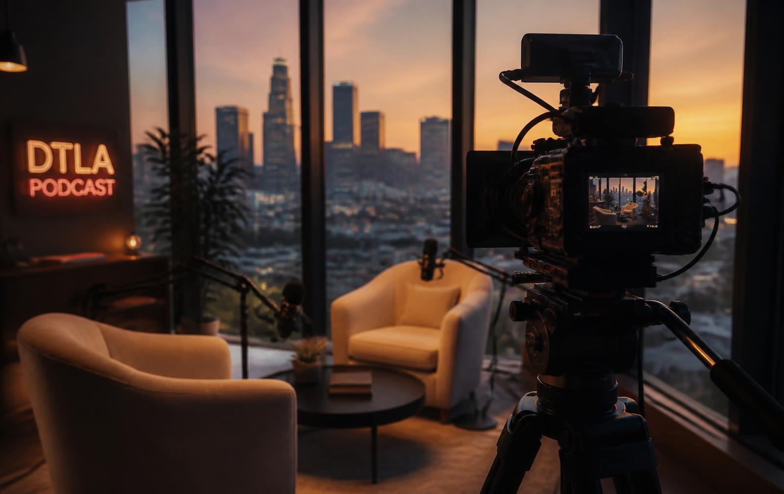 Aura House podcast studio at sunset with a camera on a tripod facing two armchairs and the Downtown LA skyline